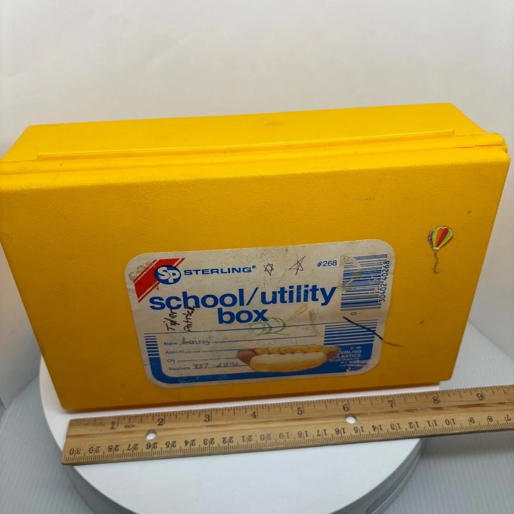 1980s Sterling Plastics Yellow School Utility Box 268 Hot‎ Dog Label 1981 USA